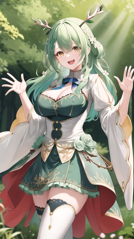masterpiece, best quality, highres, hmcf, long hair, antlers, branch, braided bangs, hair flower, yellow eyes, large breasts, jewelry, dress, cleavage, wide sleeves, green flower, single thighhigh, white thighhighs, cowboy shot, standing, forest, smile, open mouth, waving