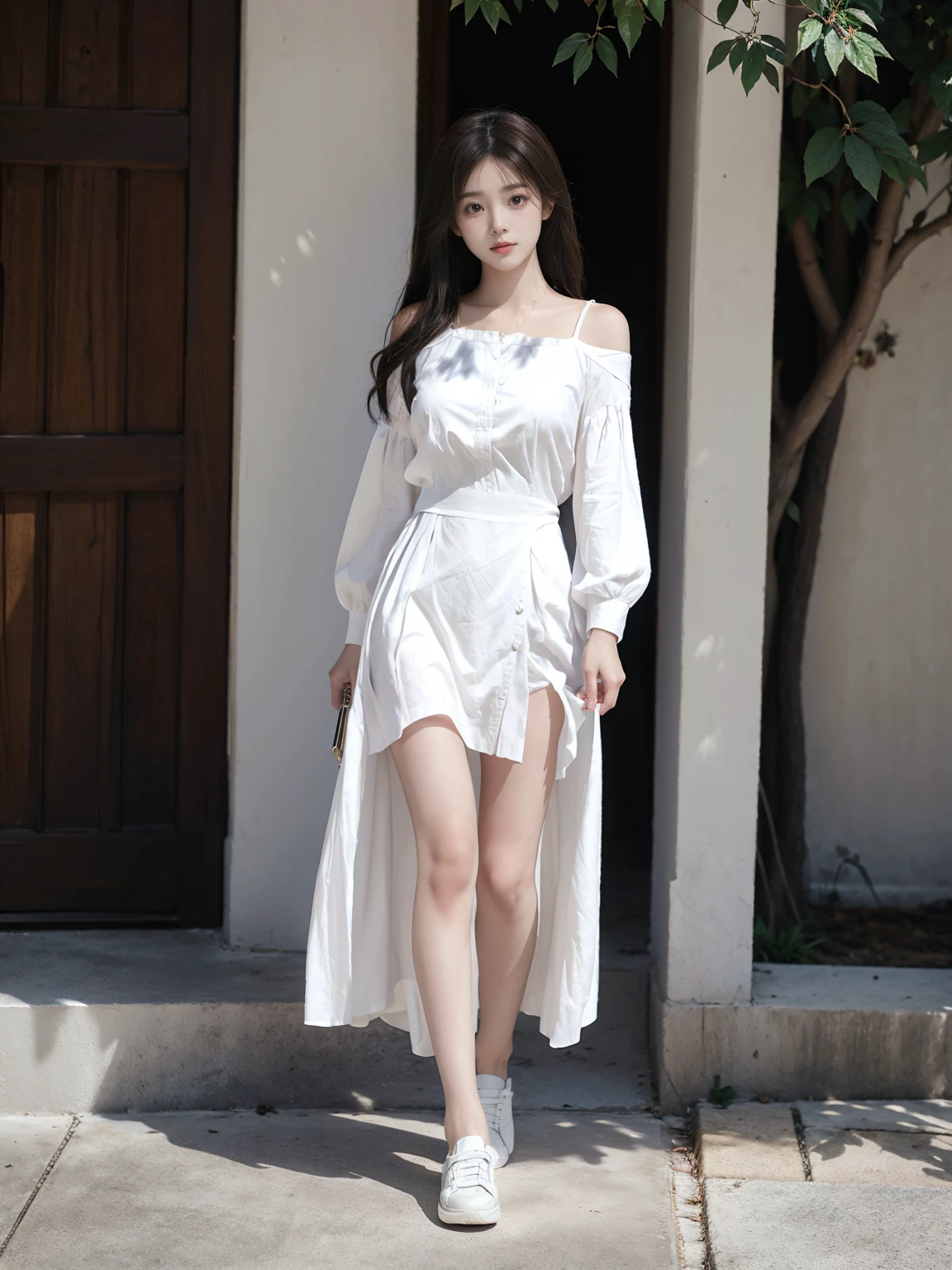 A beautiful girl strolling down the street during twilight. Her eyes sparkle, not overly bright. Rosy lips curve into a gentle smile. Long, silky hair dances in the breeze like soft threads. She wears a shorter white dress, revealing her slender legs. The dress hugs her waist and flares out from the thighs. Her short-sleeved white shirt is buttoned from the collar down to the waist. The buttons are secure, creating an elegant and youthful look. She pairs this outfit with white sneakers, exuding a sporty and comfortable style. Standing in front of an old bookstore, warm golden light spills out from inside. Shadows from the ancient tree by the sidewalk create a soft patch of darkness on the pavement. The depth of field focuses on the girl, highlighting her beauty within the frame. The camera capturing this moment is a Canon, equipped with a wide-angle lens, creating a stunning portrayal of purity and femininity.