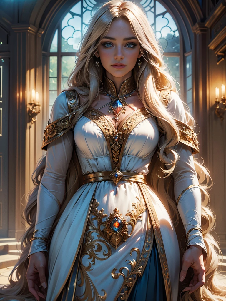 (masterpiece, ultra quality, high resolution, 8k, intricate: 1.2) photorealistic Epic romantic fantasy book cover, in center HALF-BODY COUPLE. spring romantic fantasy in center beautiful long half-body Tall, handsome, statuesque, masculine, adult man-platinum blond, he has blue eyes, long straight platinum hair, long bangs, ultradetailed beautiful faces, and incredibly beautiful young fatal blonde with blue eyes, her long golden hair is gathered in a hairstyle, long bangs, proportional, tender, shimmering, ultradetailed beautiful faces, day BoKEH, fairytale magic, mysterious, light spring colorscheme, (Best quality,8K,A high resolution,Masterpiece:1.2), Ultra-detailed, (Realistic,Photorealistic,photo-realistic:1.37), Portrait, Creative style artwork, Historical, classical, Sophisticated, plethora of colors, Highly detailed, Soft lighting, luxurious environment, detailed gown, Vibrant flowers, detailed jewellery, Ethereal atmosphere, Elegant Pose, Graceful curves, Gold body proportions. Flowing hair, Breathtaking textile patterns, Harsh blue eyes, Delicate floral decoration, A dazzling array of crystal accessories, Mysterious and dreamy atmosphere, Impeccable attention to detail.