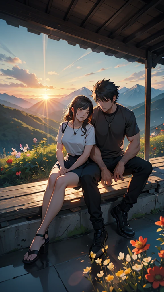a beautiful home, a boy and girl sitting on the mountain watching the sunset, mountains, flowers, sunset, sunny, couple short clothes, big hips, moody color, anime style, sharpness