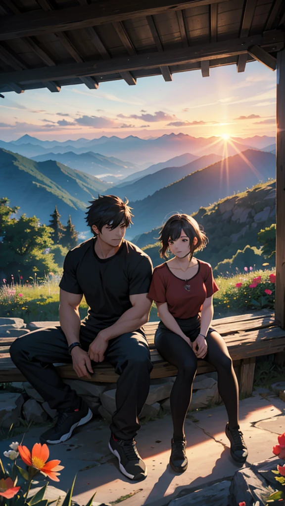 a beautiful home, a boy and girl sitting on the mountain watching the sunset, mountains, flowers, sunset, sunny, couple short clothes, big hips, moody color, anime style, sharpness