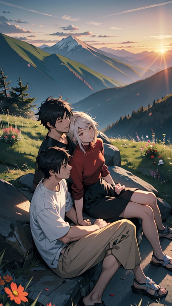 a beautiful home, a boy and girl sitting on the mountain watching the sunset, mountains, flowers, sunset, sunny, couple short clothes, big hips, moody color, anime style, sharpness