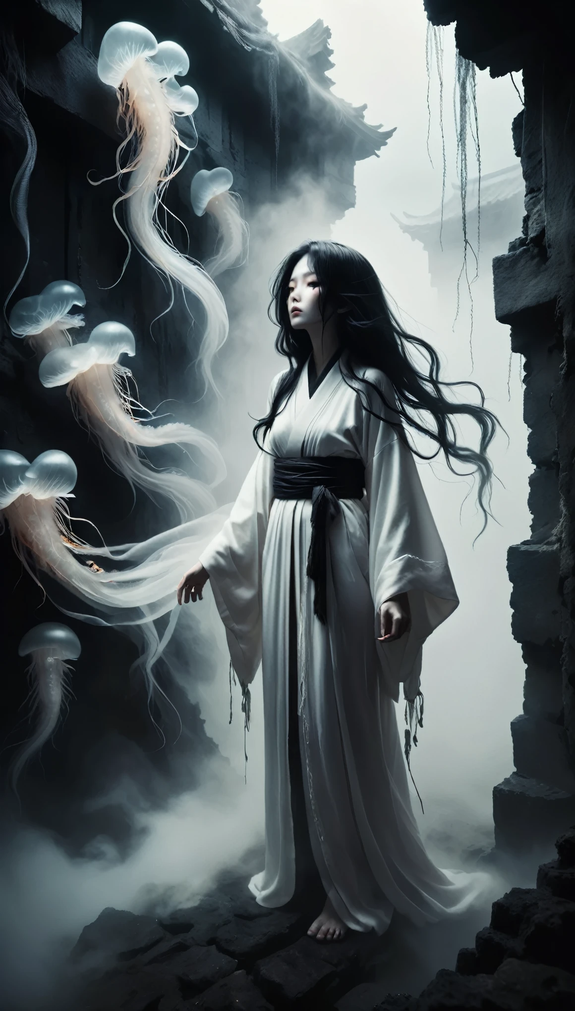 Calm colors、Hundreds of jellyfish、Black-haired woman、White kimono、Dirty clothing、Hair that hides the face、Standing Eerie。Nightmare illustration、Surreal fantasy、Thick Fog、ruins、Centipedes crawling all over the wall、darkness、Jet Black