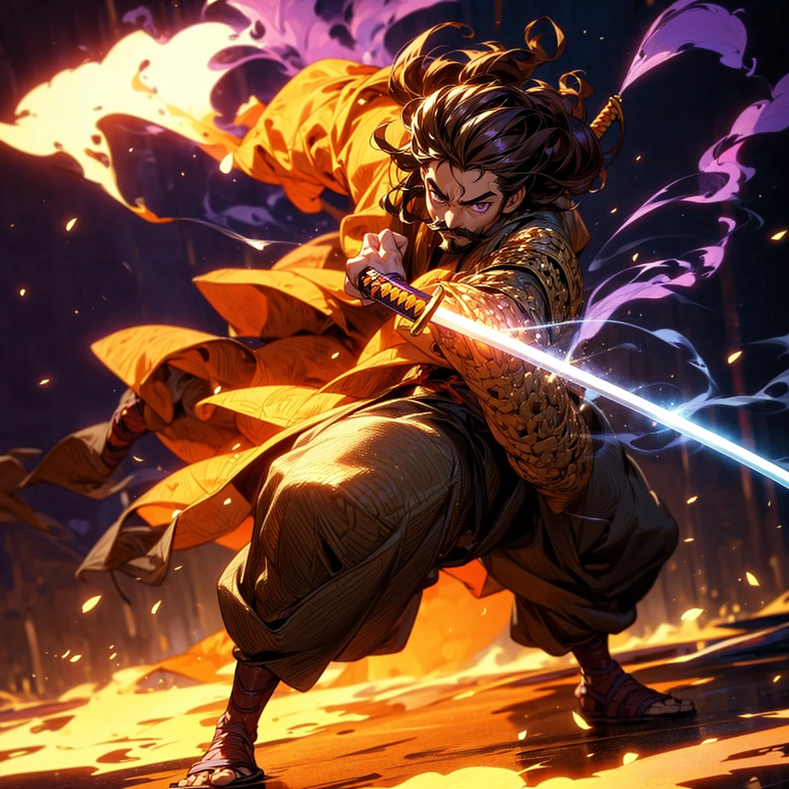 Solo character, full body version, boy, tan skin, Thin moustache, brown color hair, Curly hairstyle, purple eyes, samurai armor, background is plain white, shadow, (standing gesture), sword in hand, (one piece style art), smoke effect, fire effect, lighting gold on sword