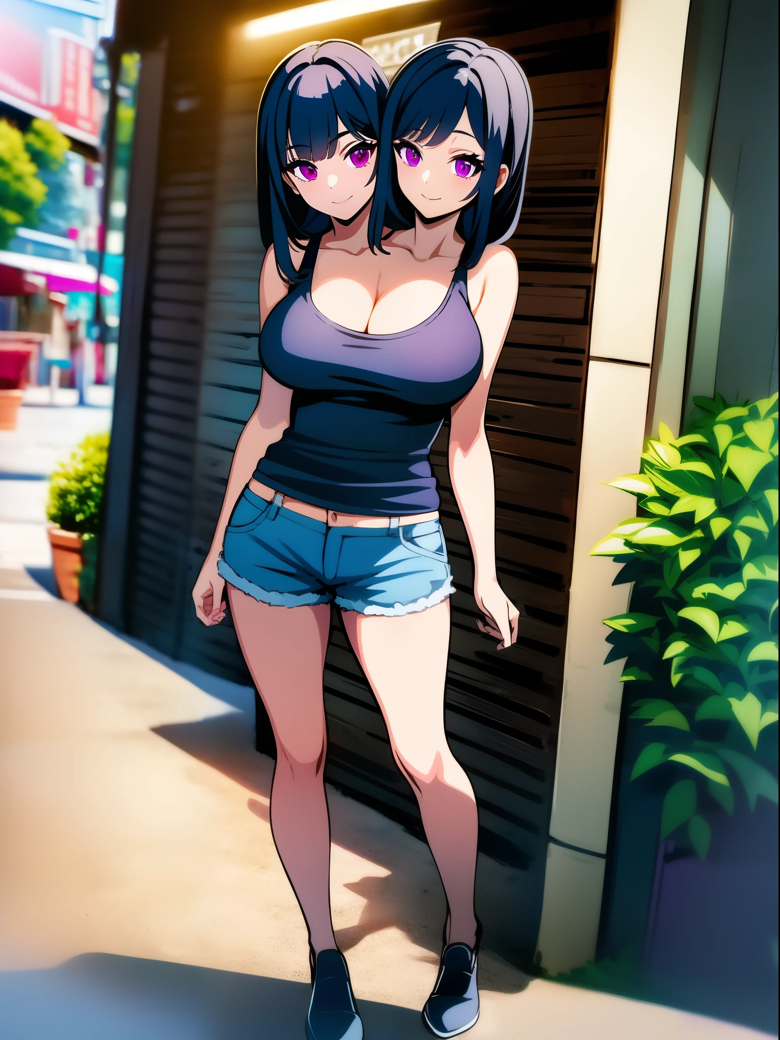 best quality, (masterpiece),(ultra-detailed), (high quality), (high resolution), (2heads:1.5), brown hair, black hair,  (magenta eyes), cleavage, full body,best quality:1.5, highres, UHD, 4K), smiling, ((black tank top)), ((wearing blue demin shorts)), ((full body)), (mature woman), casual dress, sexy proportions,, thighs, Beautiful girl with accentuated slender abs