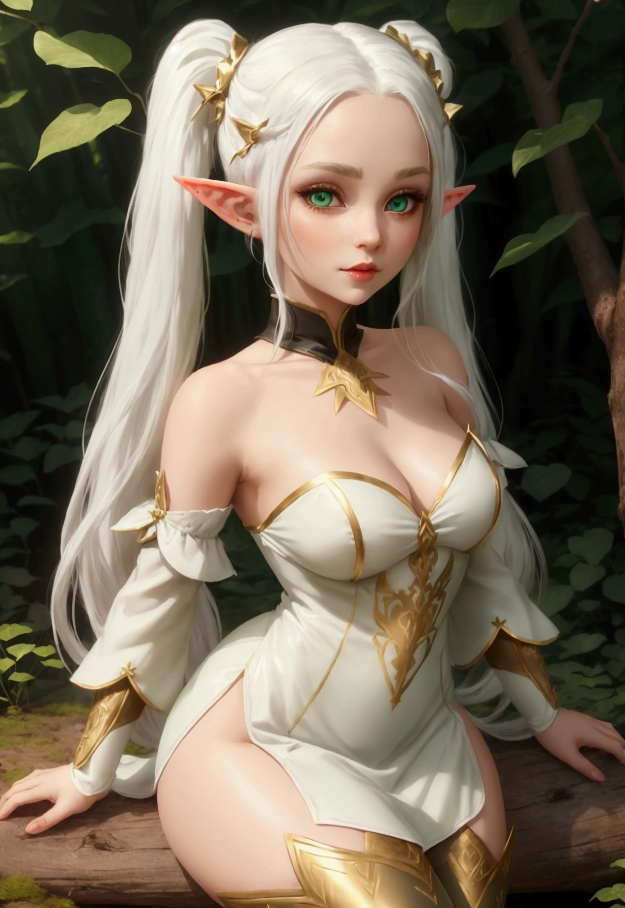 beautiful female elf  with white hair with two pigtails, green eyes, big pointy ears, short white dress with gold details, black tights and brown boots, wonderful and magical forest