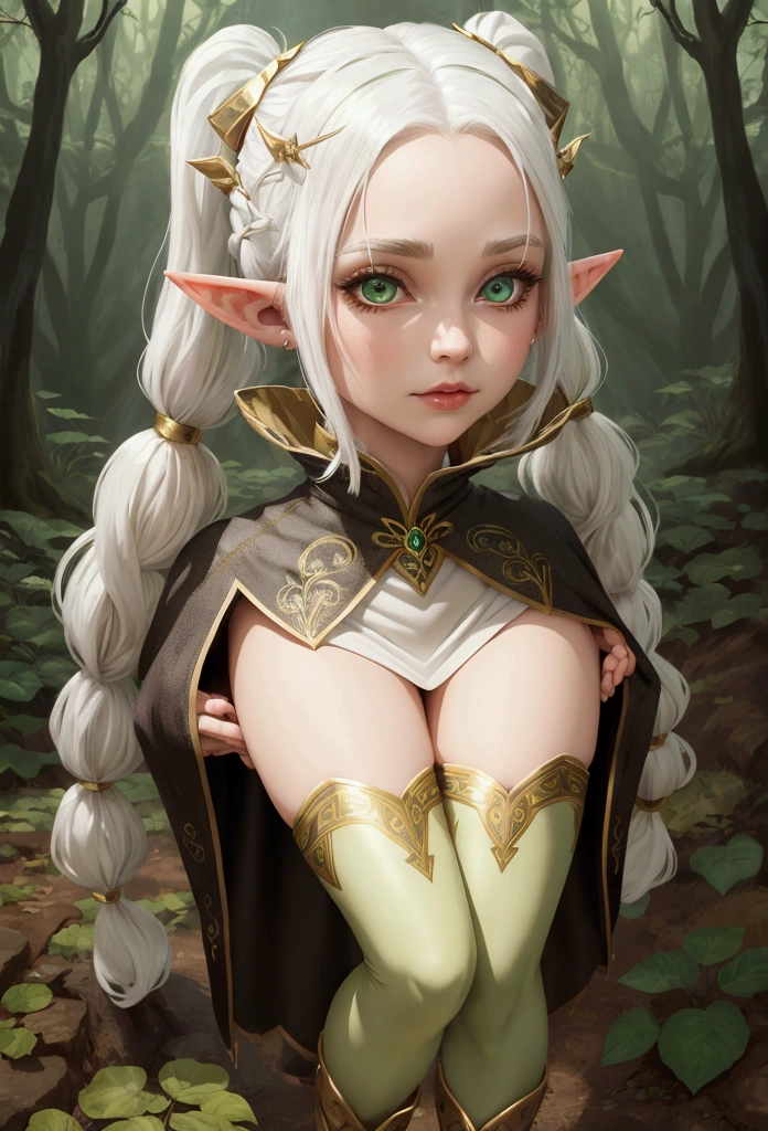 beautiful female elf with white hair with two pigtails, green eyes, big pointy ears, short white dress with gold details, black tights and brown boots, wonderful and magical forest
