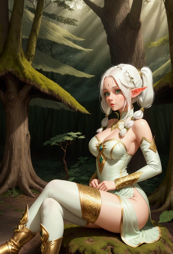 beautiful female elf  with white hair with two pigtails, green eyes, big pointy ears, short white dress with gold details, black tights and brown boots, wonderful and magical forest