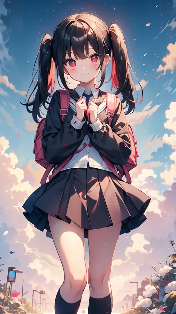 Long black hair、Twin tails、Elementary school girl、uniform、Red Eyes、big pink backpack、Short skirt、A snail、Lost、On the way home、Magic Hour、primary school、smile、evening、Highest quality