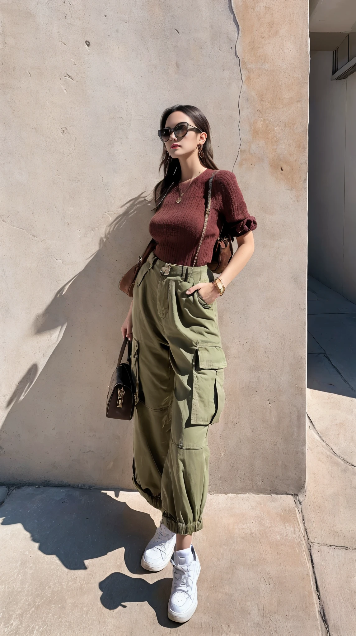 ((Highest quality, 8k, masterpiece:1.3、real:1.3))、Beautiful woman、snapshot:1.5、full body、sunglasses、trend:1.5、cargo pants、real、detailed、In front of the building wall、Professional composition