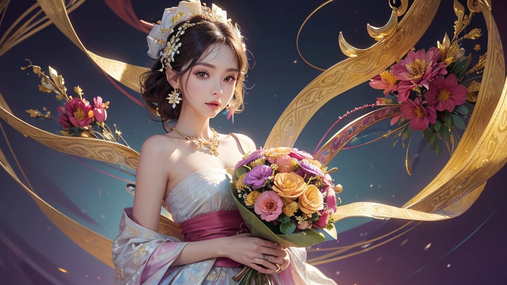 32K, 最高quality, 最高masterpiece, (ultra-Detailed Background, Detailed Background), High resolution, Super detailed, Very detailedな, One girl, (bouquet:1.3), (Tangled:1.2), (Geometric:1.2),(colorful),(masterpiece, quality, best quality, Official Art, Beautiful and beautiful:1.2), (1 girl:1.3), Very detailed,(colorful:1.1)(Flowers:1.3),Most detailed,(Tangled:1.2), whole body, (Abstract background:1.3), (Skin glows), (Many colors:1.4), ,(Earrings Jewelry:1.5), Pale Red Background,