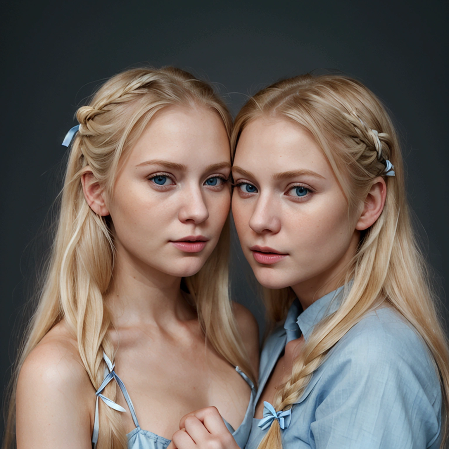 Create a photorealistic image of Anna and Trump, 25 years old, blonde with blue eyes. Facial features: Calm expression, gentle eyes. Hairstyle: Long blonde hair tied back with a ribbon. Anna has a knife in her hand. She is kissing Trump.