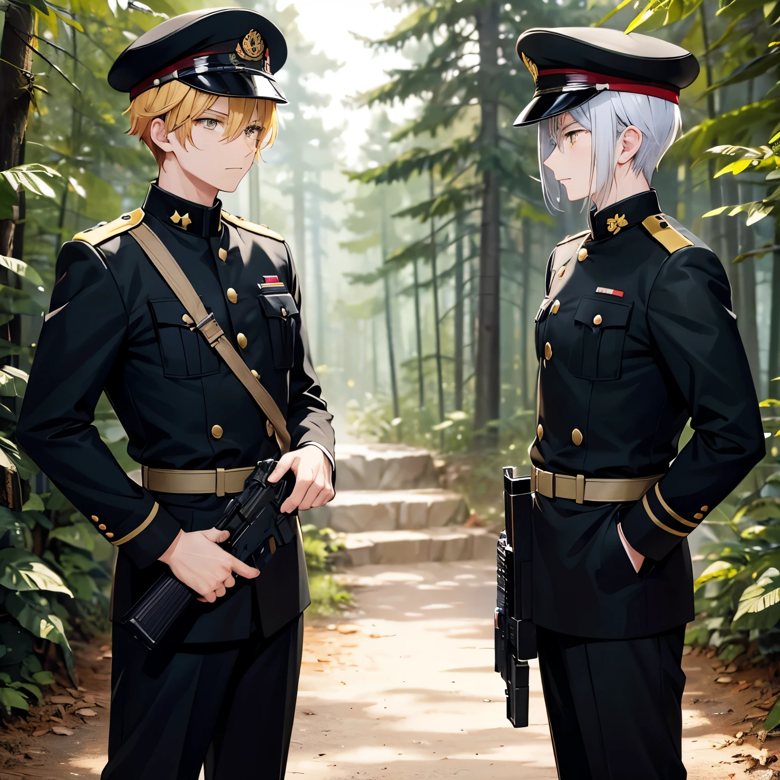 2 men, Different hair color, different hairstyle, yellow eyes, holding a gun, wearing a black army uniform, black army hat, standing in the forest, looking away