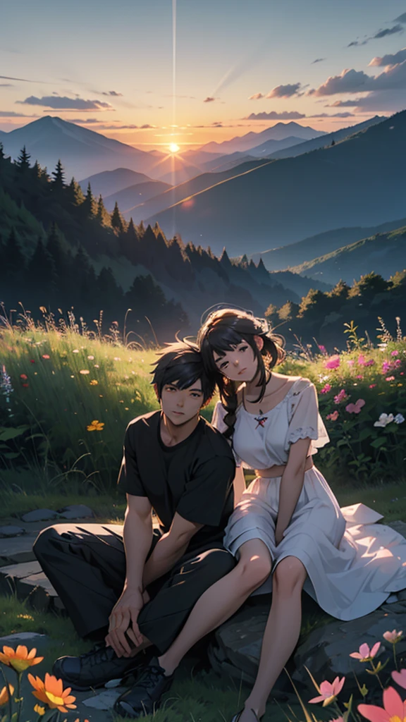 a beautiful home, a boy and girl sitting on the mountain watching the sunset, mountains, flowers, sunset, sunny, couple short clothes, big hips, moody color, anime style, sharpness