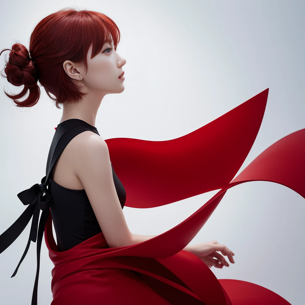 Abstract. Full-length photograph. Plain white background. Mobius style. Sculpture of heroine in profile with short, red hair wearing a black dress on the ground.