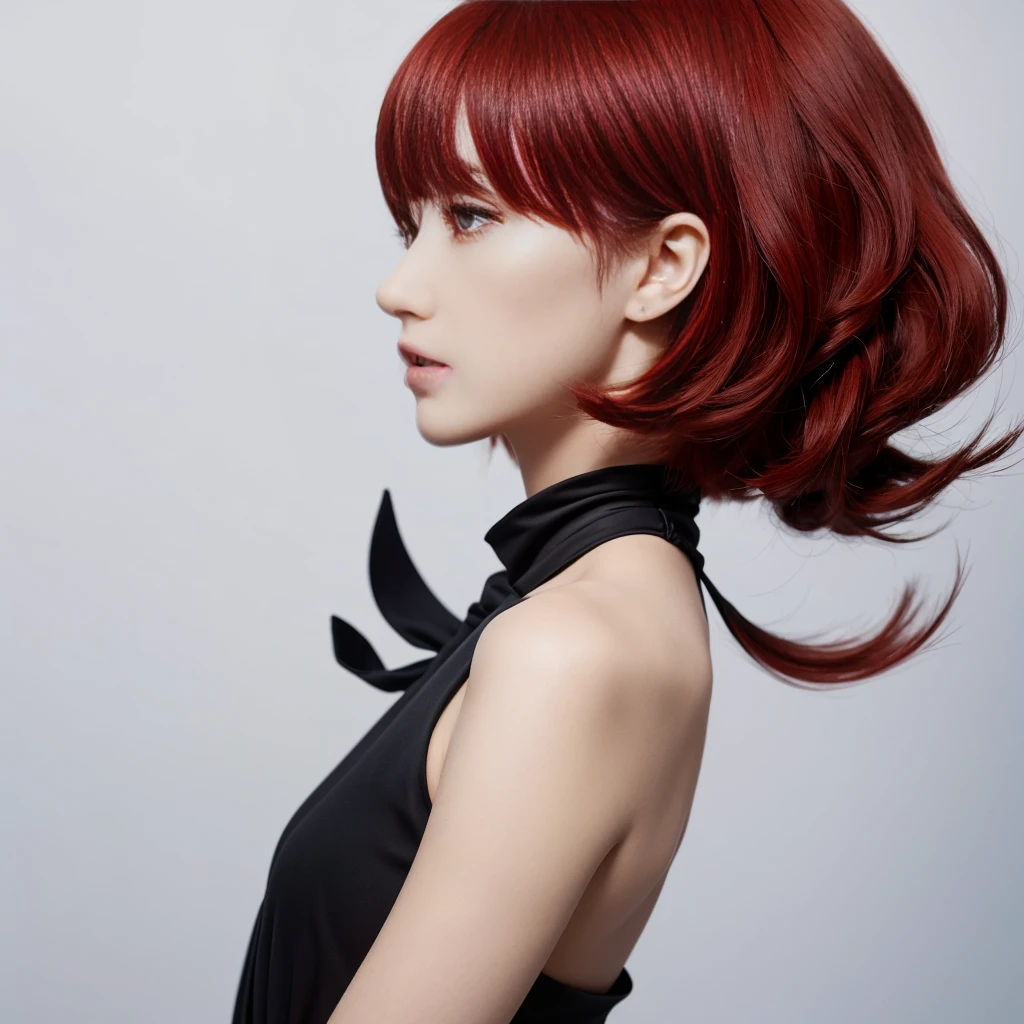 Abstract. Full-length photograph. Plain white background. Mobius style. Sculpture of heroine in profile with short, red hair wearing a black dress on the ground.