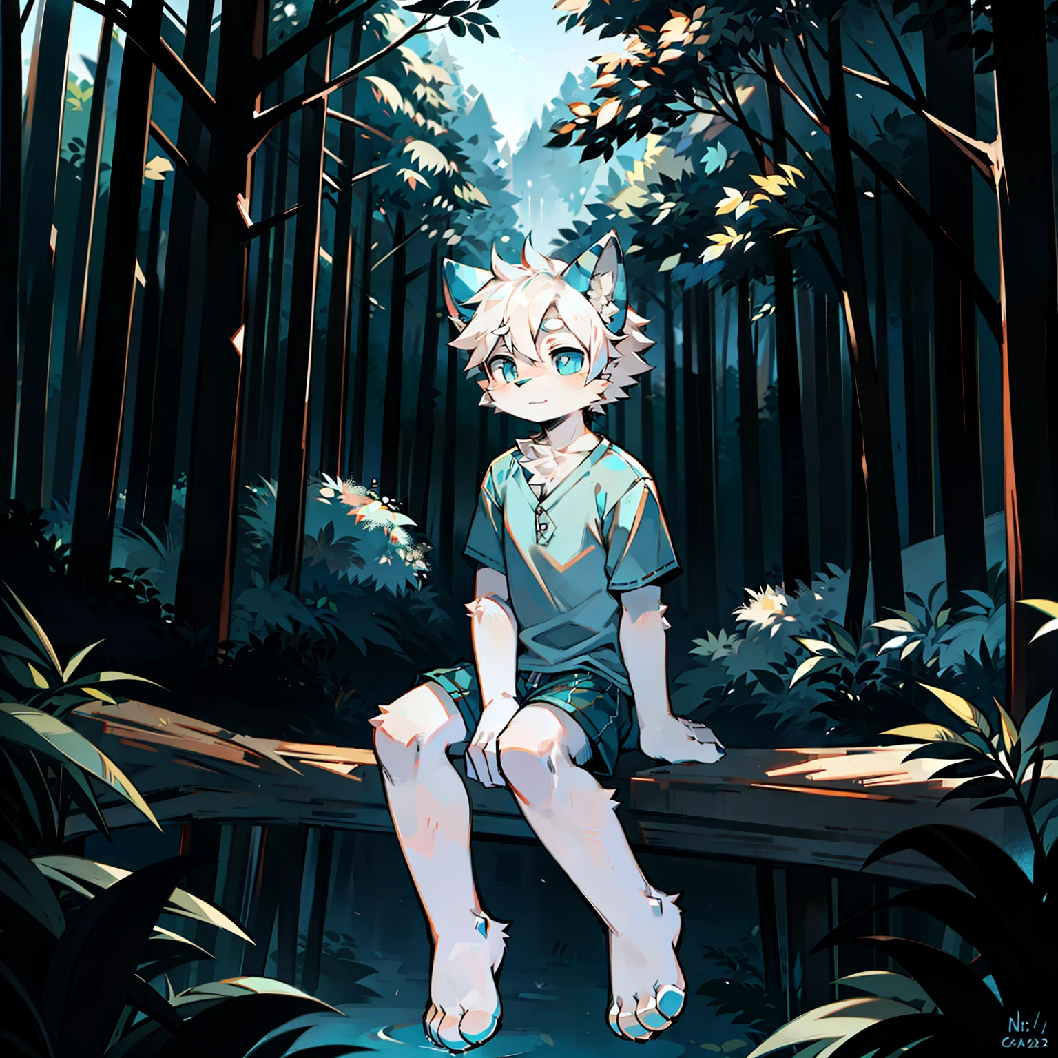 furry, cat boy,(White hair),(Dark gray skin),blue eyes,Sitting in the forest at night,((Wear short white socks)),Light blue pajamas and shorts,The only person,high quality
