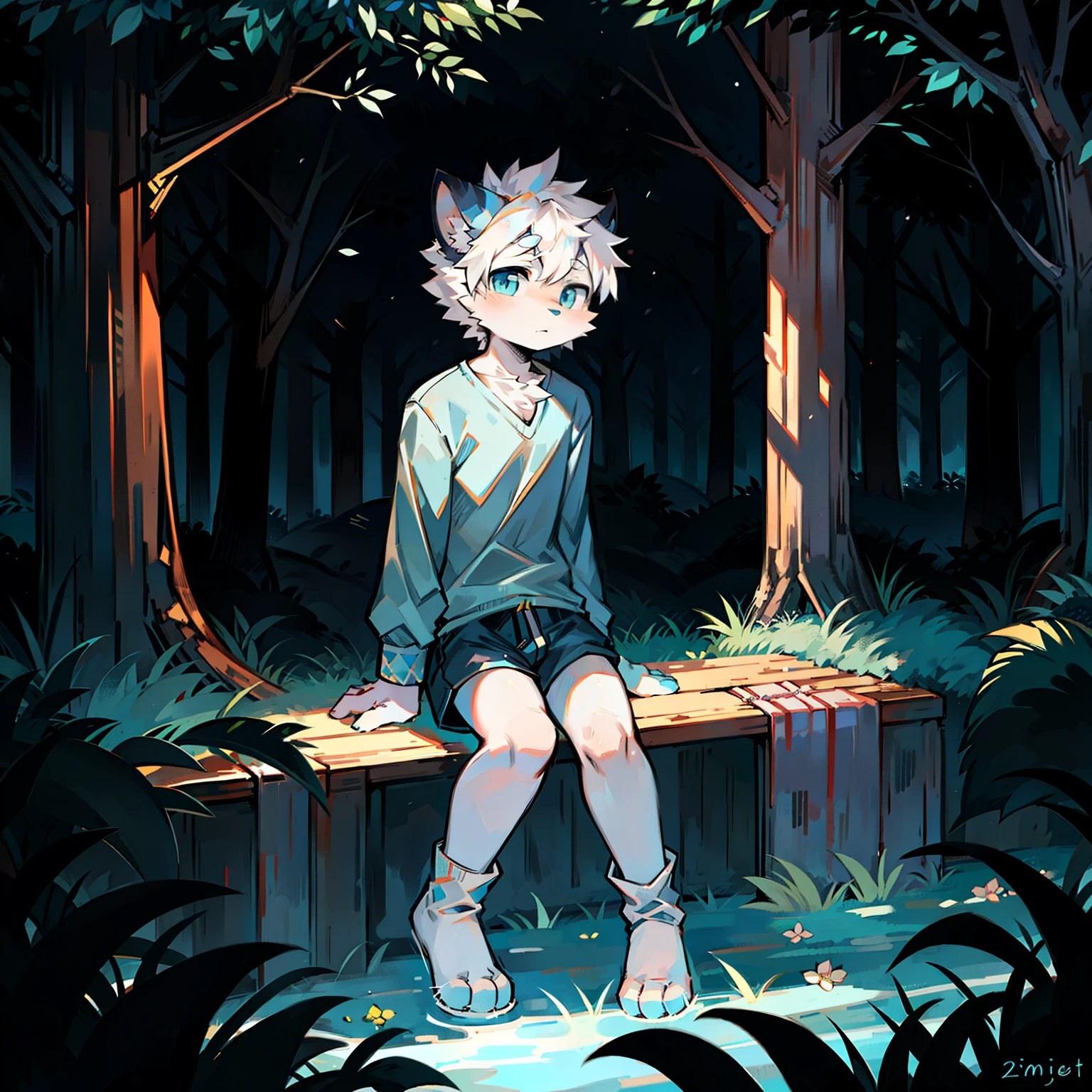 furry, cat boy,(White hair),(Dark gray skin),blue eyes,Sitting in the forest at night,((Wear short white socks)),Light blue pajamas and shorts,The only person,high quality