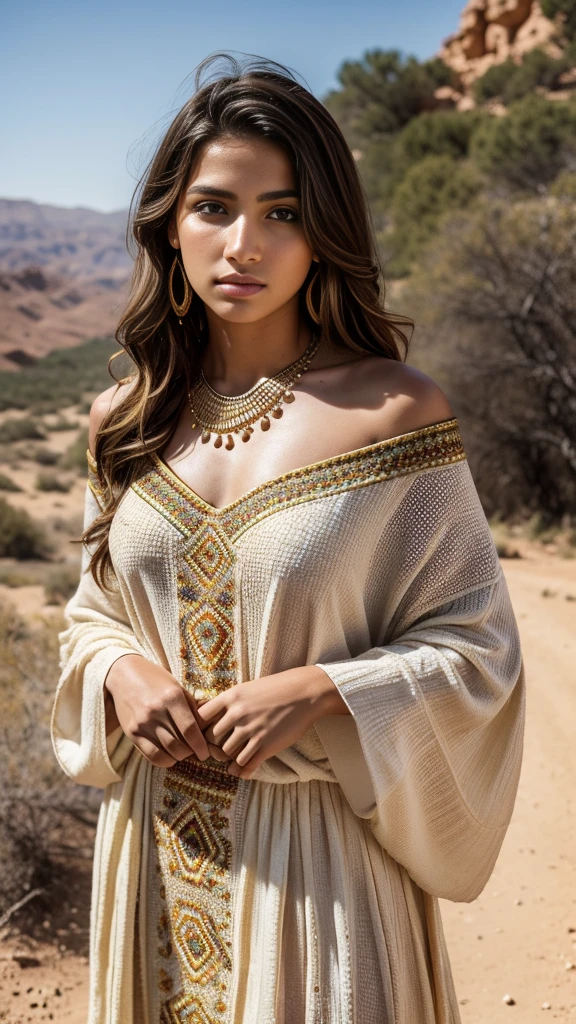1girl in, age19, Solo, Aesthetic artwork, a beautiful Algerian Kabyle girl wearing a traditional Berber Kabyle dress standing outdoor in Djurdjura National Park, wavy light brown hair, Kabylian jewelry, Kabylian hair style, shoulder length hair, beautiful Berber Kabyle face, light brown-green eyes, fair skin, thin face, runners body, wearing a traditional Berber Kabyle dress, (textured skin, skin pores:1.1), goosebumps, seductive pose, (outdoor:1.1), sunny, natural light, Nikon Z8 + NIKKOR Z 24-120 mm f/4 S