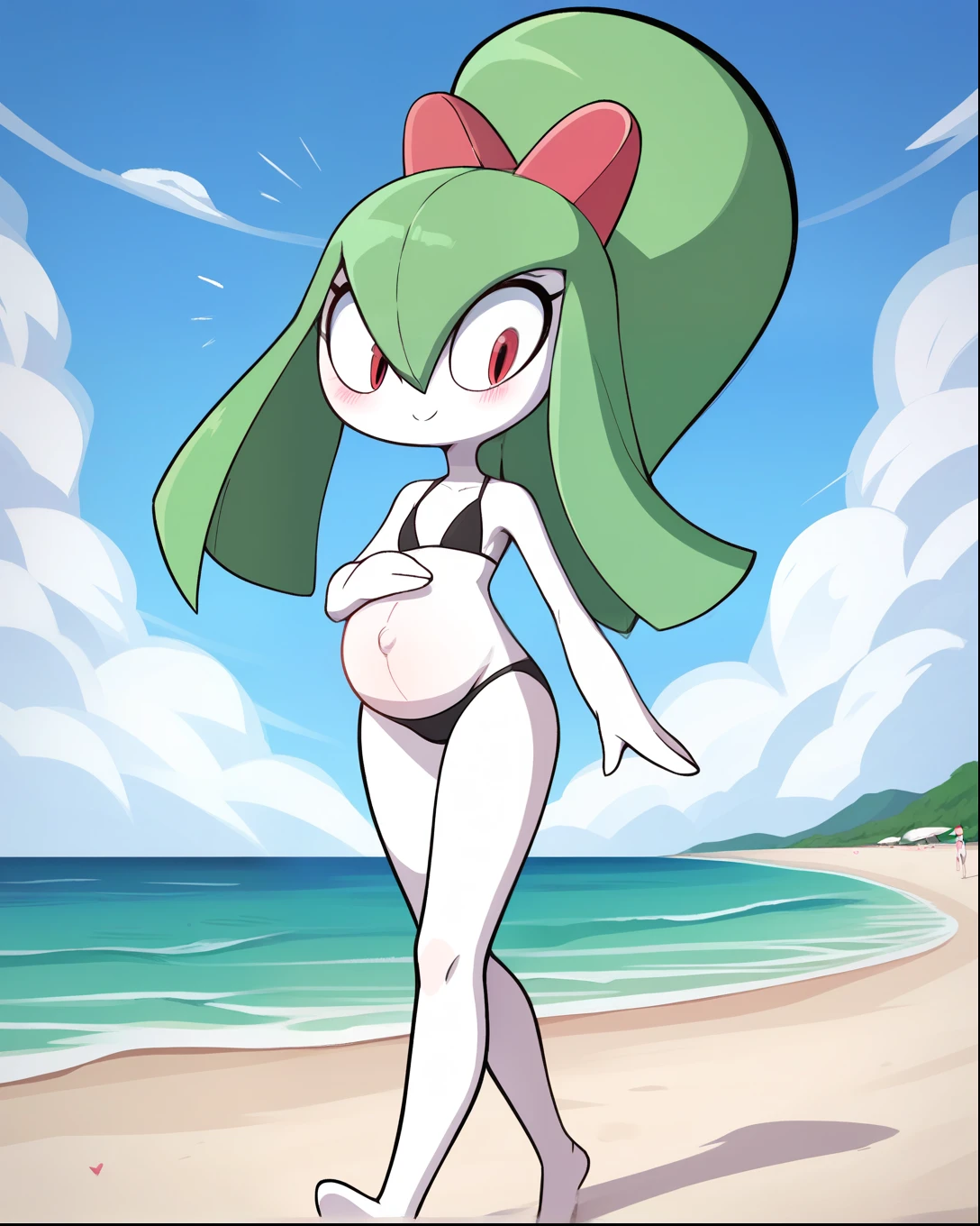 score_9, score_8_up, 1girl, kirlia, happy, full body, outdoors, human proportions, looking at viewer, by diives, pregnant, pregnancy, shy smile, mirada tranquila, tranquila, walking, beach, exposed belly, bikini, black swimsuit, black bikini, shy smile, shy. fetal movement, kicks in belly, kicks, fetal kick, kick on belly, baby kicking, solo, 1girl, lumps in the belly. Green hair, long hair.