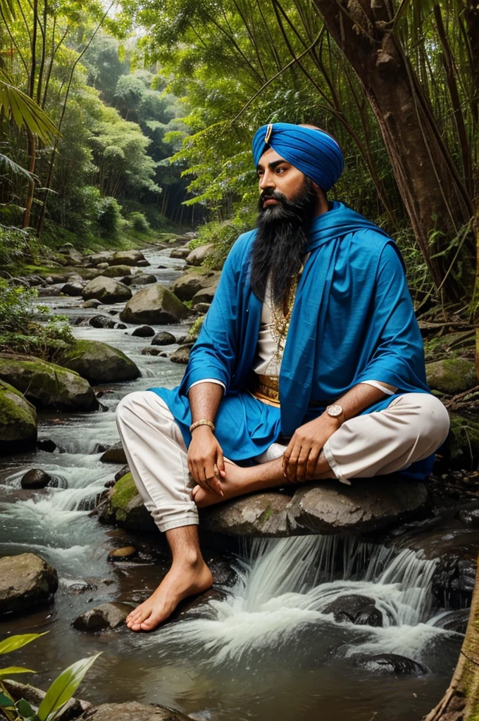 Sikh guru guru Gobind Singh ji sitting in jungle near river