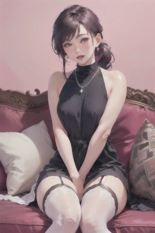 Realistic mature 55 year old Japanese woman, 1 female, Married women, Long eyelashes, Low Ponytail, Flowing Hair, Red lipstick, Open your mouth, Pink blush, Pearl Necklace, Earrings, Dark eyeshadow, Small breasts, Nipples, ((Completely naked)), Garter Stockings, Beautiful body, Sitting on the couch, ((Pink Background)), ((Full Body Focus)), Pussy, Browsing Caution