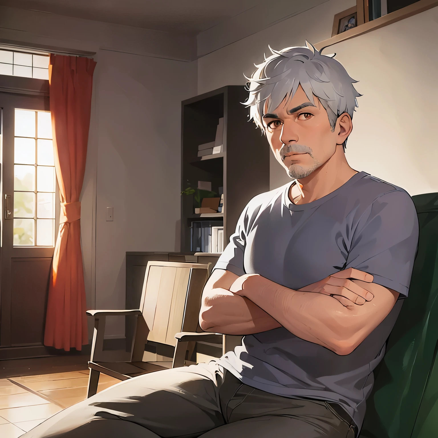 looking at viewer,Serious,Arms crossed、
masterpiece、high quality、(A 50-year-old man with short grey hair and orange eyes:1.5)、
Wearing a grey shirt、 The background is the living room、Alone、Bold composition、Sitting