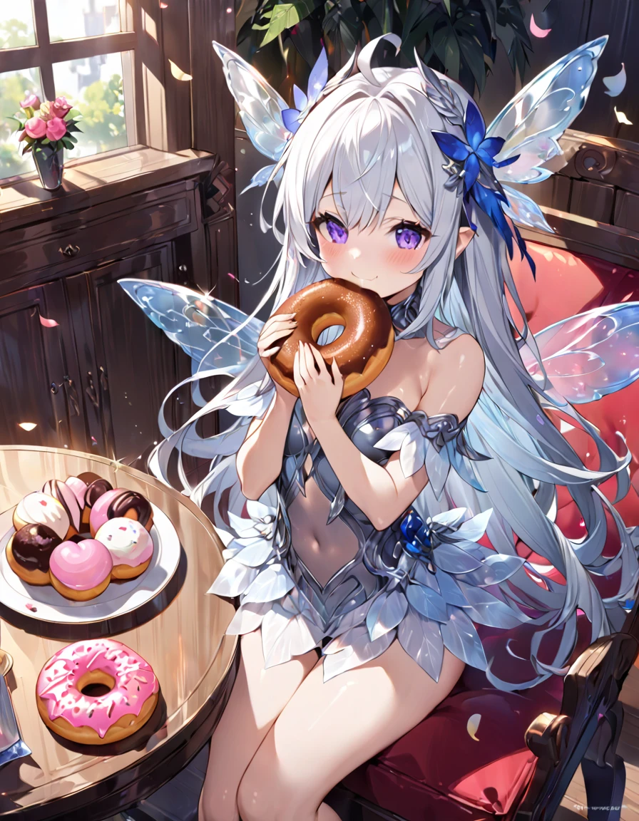 Highest quality, Ultra-high resolution, Fantasy、One girl, Transparent silver hair、Feather-like costume, 20cm Fairy、table、dish、A doughnut bigger than a fairy、(A little fairy hugging and eating a big donut)、