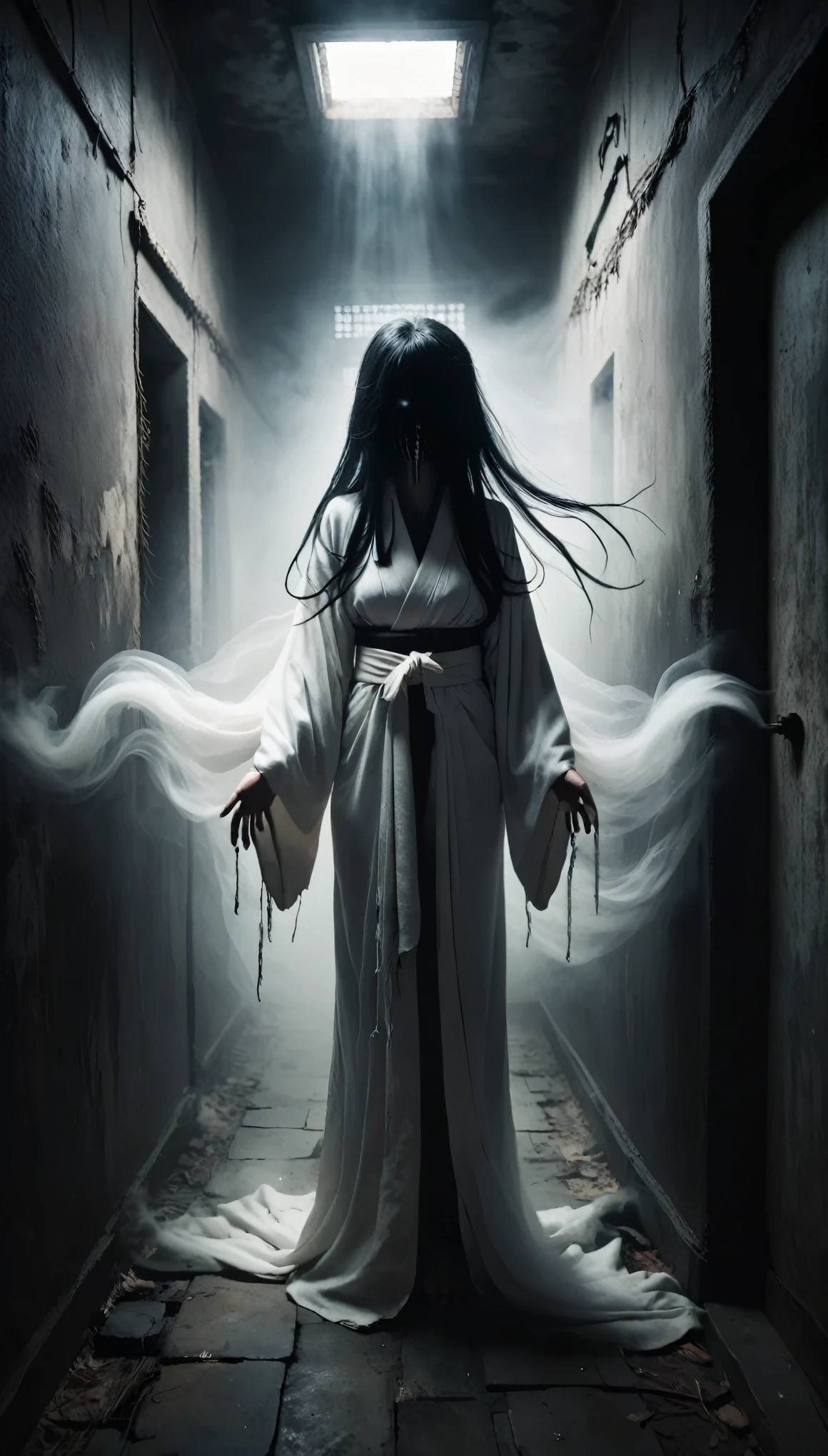 Calm colors、Hundreds of centipedes、Black-haired woman、White kimono、Dirty clothing、Hair that hides the face、Standing Eerie。Nightmare illustration、Surreal fantasy、Thick Fog、Abandoned Corridor、Centipedes on the wall、Jet Black、darkness
