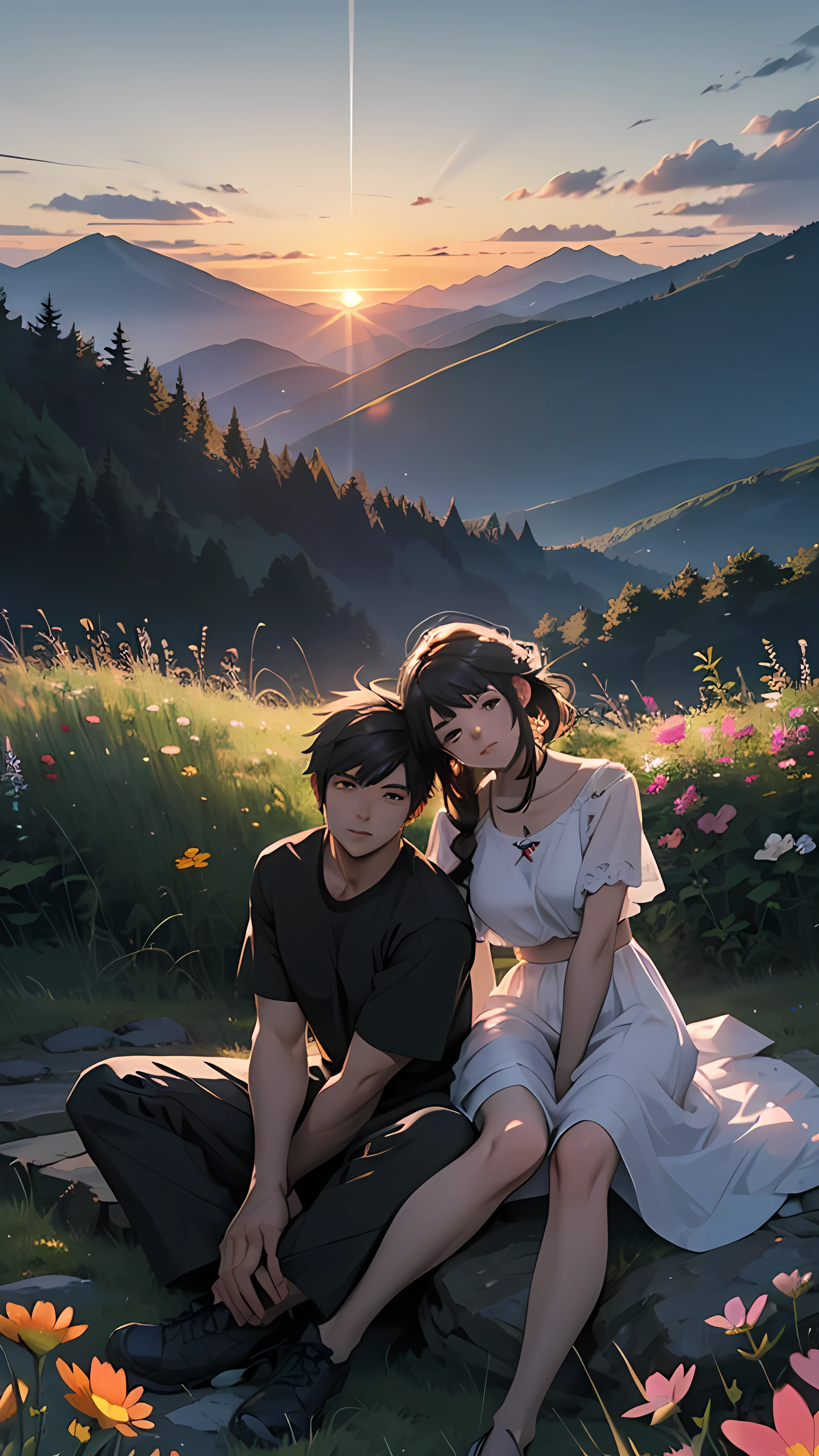 a beautiful home, a boy and girl sitting on the mountain watching the sunset, mountains, flowers, sunset, sunny, couple short clothes, big hips, moody color, anime style, sharpness