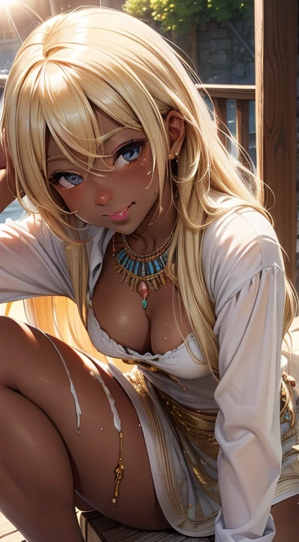 (masterpiece, best quality, ultra high res, beautiful detailed hair detailed face, perfect feminine face), upskirt, bright sun , (((Bukkake))), exhausted, sweaty, dark skin, blonde hair, ripped clothes, seductive smile