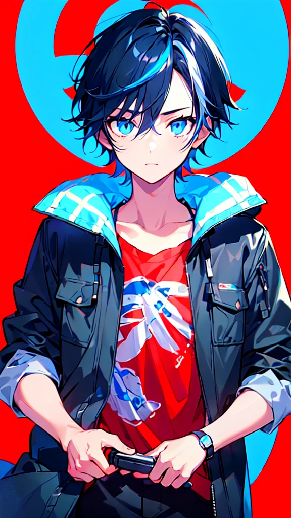 [(RED BACKGROUND:1.5),::5], ((((masterpiece)))), high quality, ultra very high resolution, full color, (((solo))), ((little boy)), BLACK hair, ((Blue streaked hair)), (oriental deepblue eyes), anime, ((upper body)), Summer clothes, neon light, black parka,
