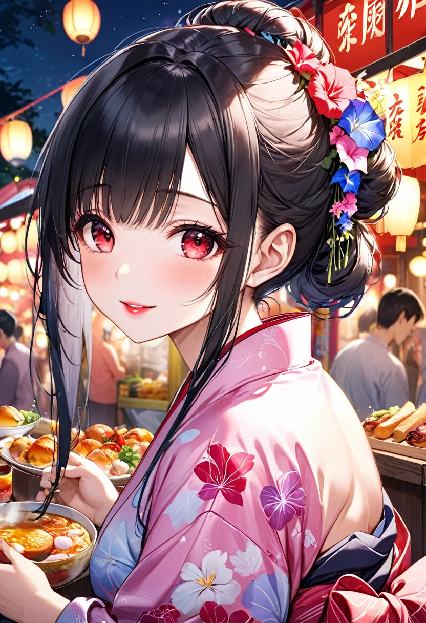 (Lovers style), (lover's pov, hug close to lover's arm), (solo:2, 18 yo, beautiful detailed sexy body), (beautiful asymmetry:1.3 bangs, Messy bun) (best grow black hair very long hair) (sexy sadist girl, beauty detailed moist red eyes), (sexy glossy pink lip, love smile, big tits), in a immensely beautiful yukata with double exposure morning glory) break, in the night summer Festival food stalls, BREAK, perfect anatomy, masterpiece, best quality, 16k, beautiful detailed night, daydreaming expression.