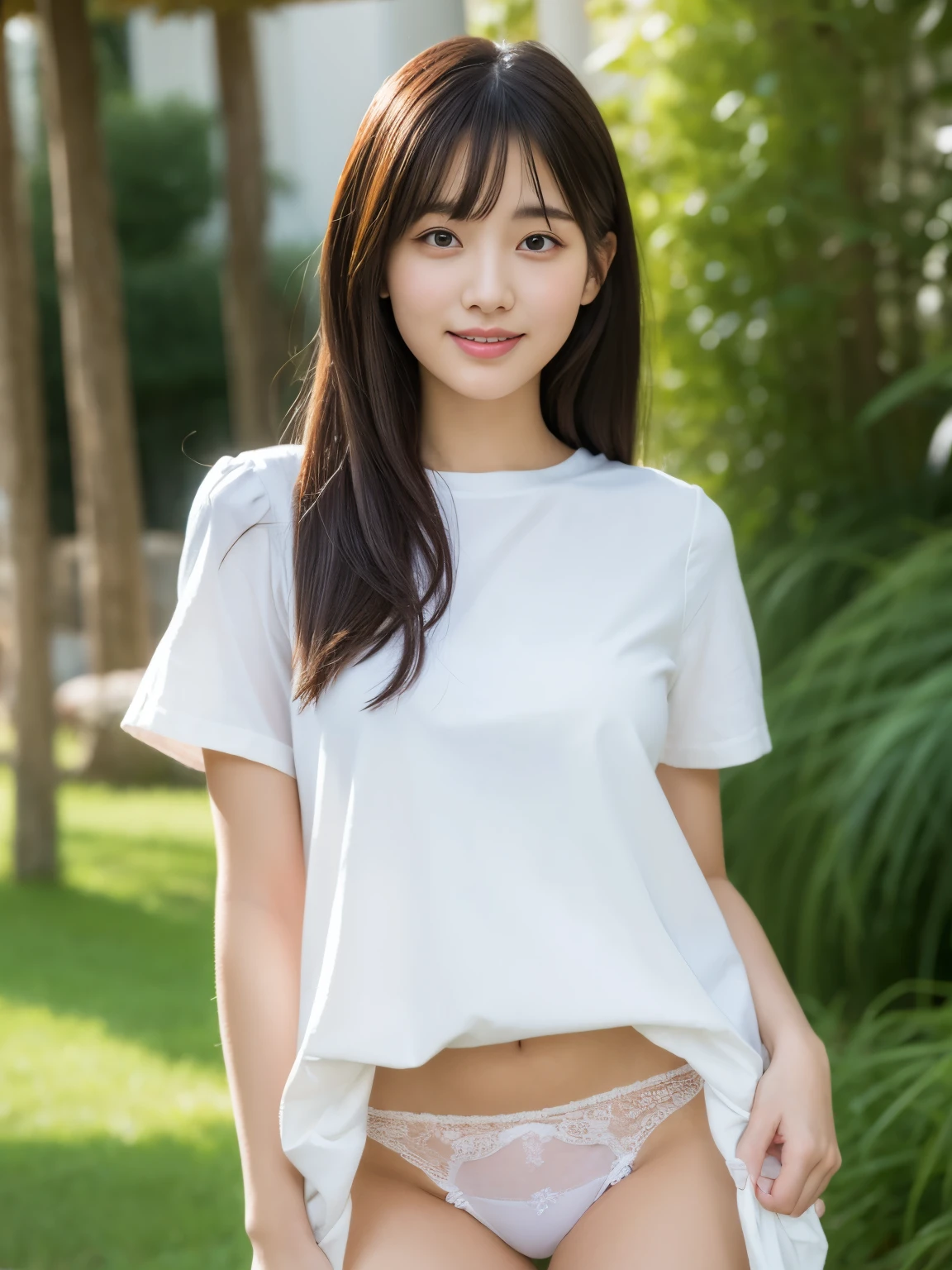 Highly detailed CG Unity 8k wallpaper、Highest quality、Ultra-detailed、masterpiece、Realistic、Photo realistic、A cute girl drawn in great detail、20-year-old、(Skirt rip)、(Roll up the skirt yourself))、White panties、Panty Focus、blush、Lips parted、Semi Body Shot、Wearing a ruffled shirt、Luxury、Show panties from behind