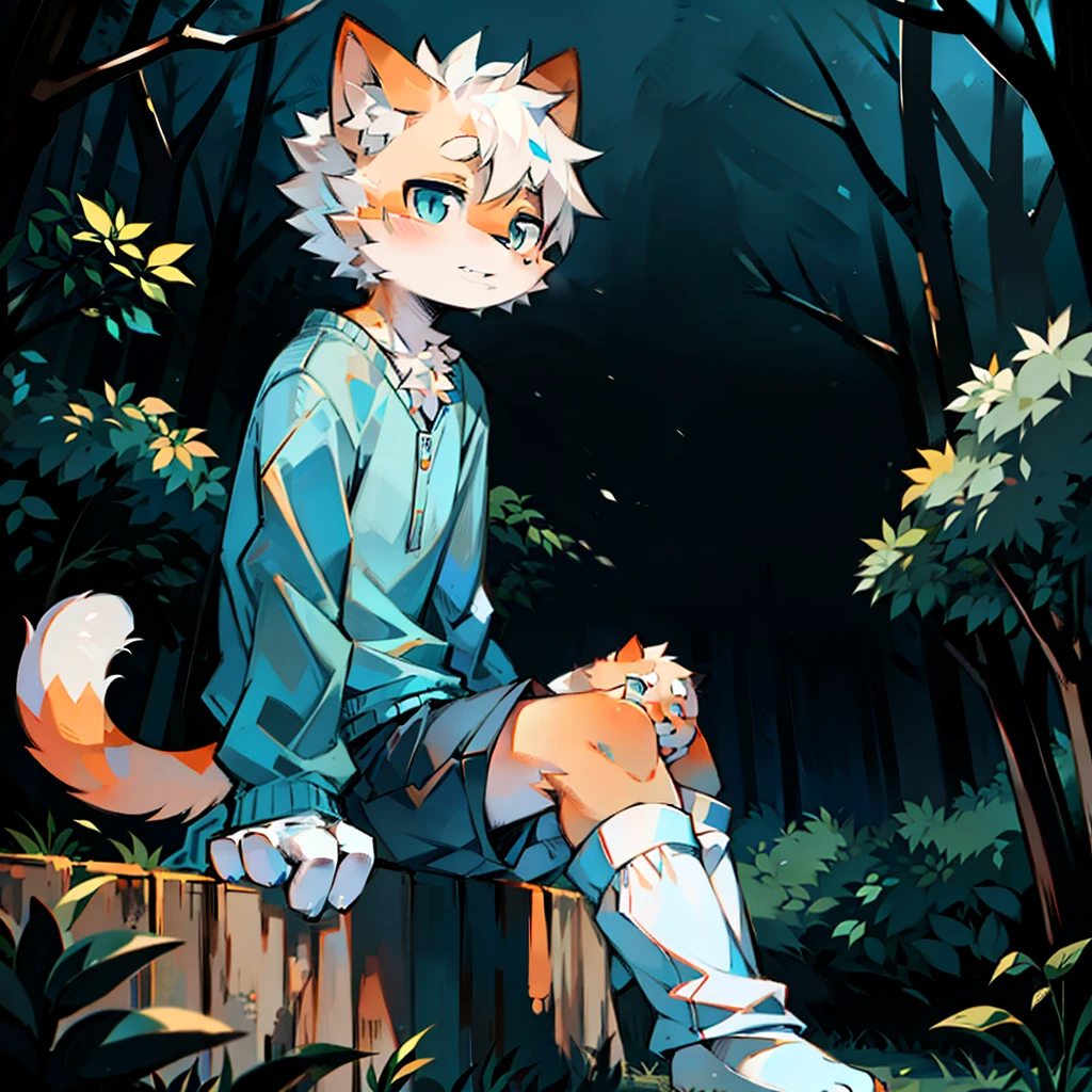 furry， cat boy，（White hair），（Orange skin），blue eyes，Sitting in the forest at night，（（Wear short white socks）），Light blue pajamas and shorts，The only person，high quality