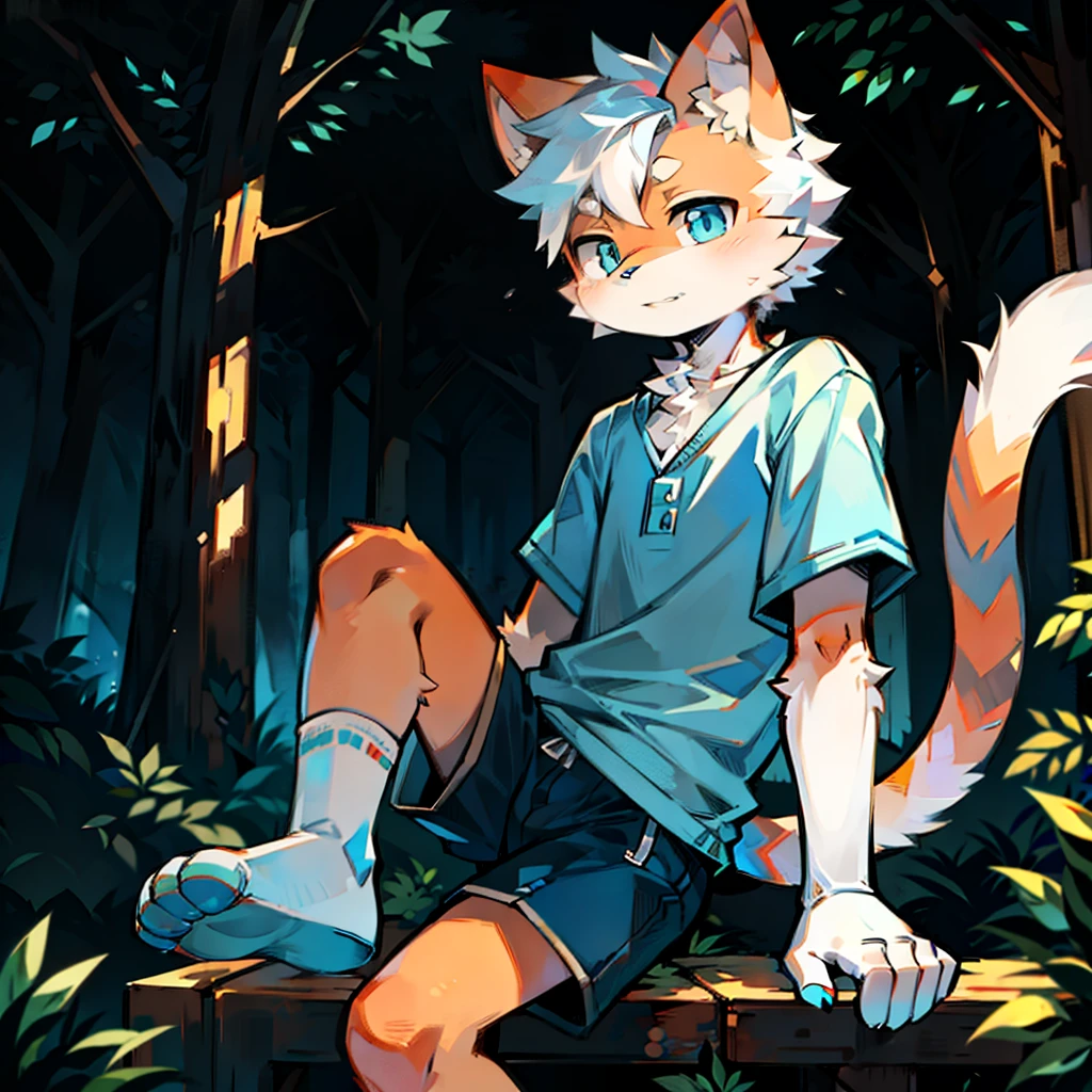 furry， cat boy，（White hair），（Orange skin），blue eyes，Sitting in the forest at night，（（Wear short white socks）），Light blue pajamas and shorts，The only person，high quality