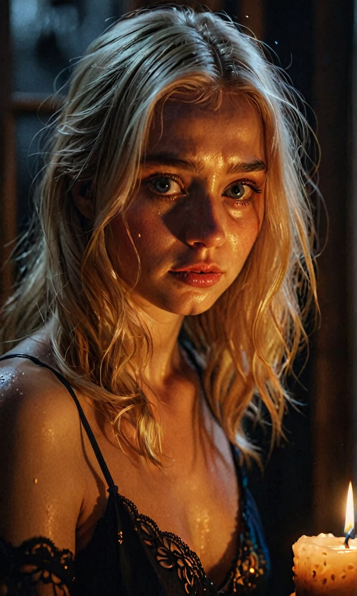 1girl, blonde hair, icelandic ethnicity, candle light, (sweaty:1.2), sad expression, night, (ultra-hd-details), (ideal-makeup), portrait, oil painting, chiaroscuro, dramatic lighting, cinematic, vibrant colors, intricate details, hyper realistic, award winning