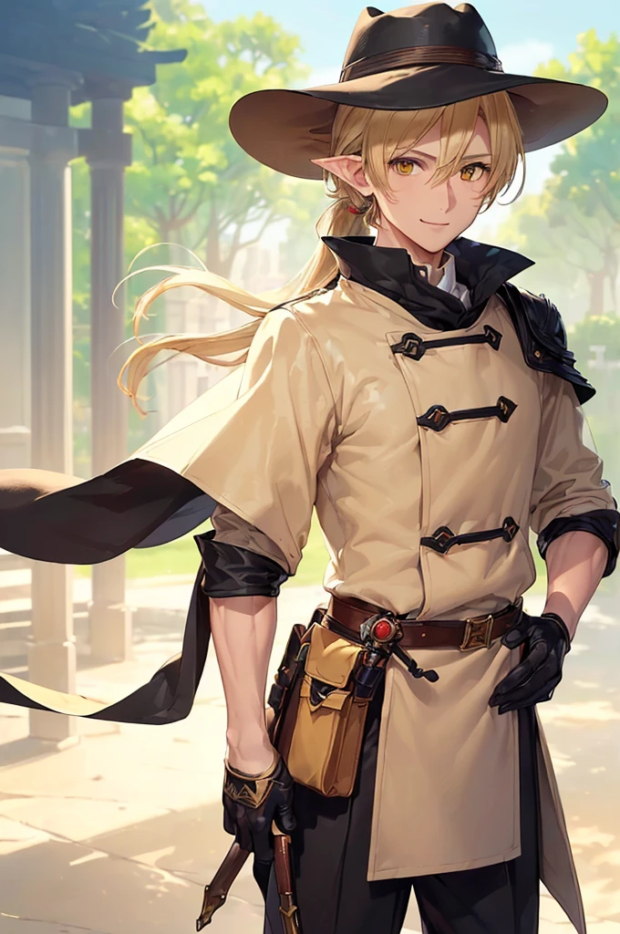 (((masterpiece; best quality: 1.2))), (finely detailed eyes: 1.3), (25 year old elf man), (solo), (yellow eyes: 1.4), (body; toned, fit, masculine: 1.3), (silky blonde hair in low ponytail: 1.3), (beautiful and clear background: 1.2), ((depth of field)), (equipment: adventurer garb + modest + elegant wide-brimmed hunter hat + beige overcoat + shirt + long black cape + black pants + gloves + belt + pouches: 1.3), (anime illustration: 1.2), (background composition; royal garden: 1.1), (extremely fine and handsome: 1.1), (shot composition; standing + centered on torso + close-up: 1.5), (expression; calm, smile: 1.2)