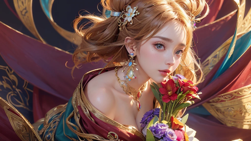 32K, 最高quality, 最高masterpiece, (ultra-Detailed Background, Detailed Background), High resolution, Super detailed, Very detailedな, One girl, (bouquet:1.3), (Tangled:1.2), (Geometric:1.2),(colorful),(masterpiece, quality, best quality, Official Art, Beautiful and beautiful:1.2), (1 girl:1.3), Very detailed,(colorful:1.1)(Flowers:1.3),Most detailed,(Tangled:1.2), whole body, (Abstract background:1.3), (Skin glows), (Many colors:1.4), ,(Earrings Jewelry:1.5), Pale Red Background,
