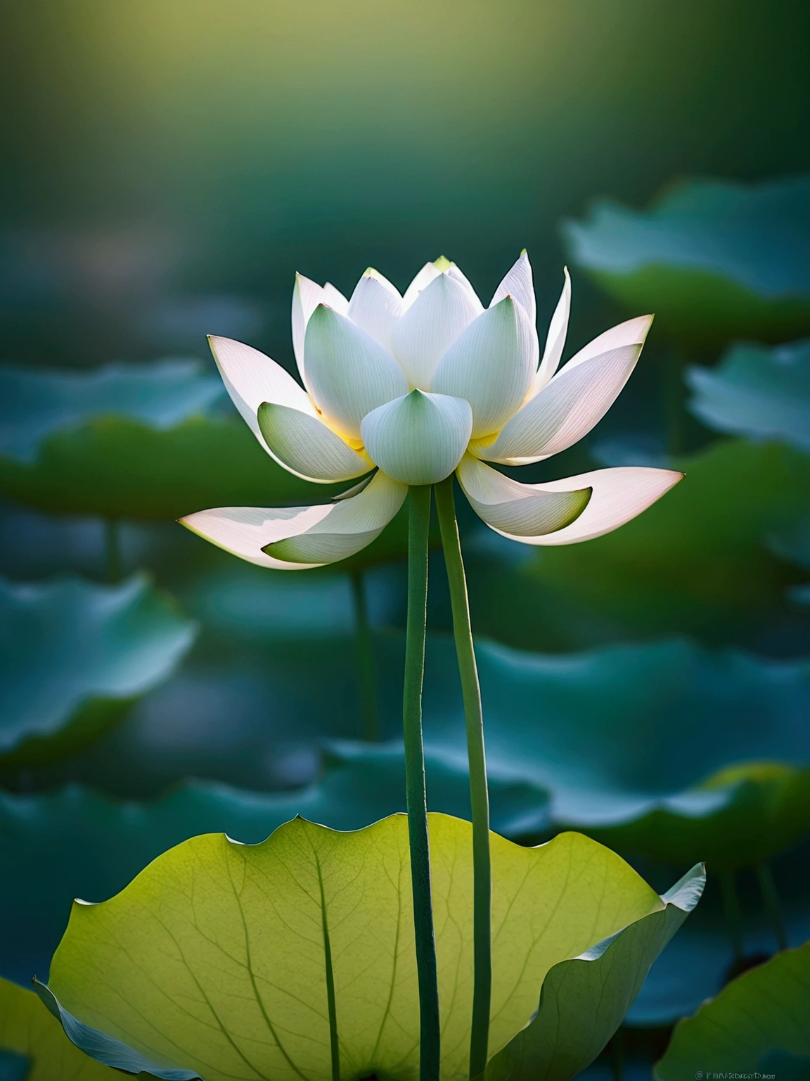 A very beautiful pure white lotus close-up,Background sunset penetration and misty,Background blur,Real photography,Fresh and natural picture,best quality, high resolution