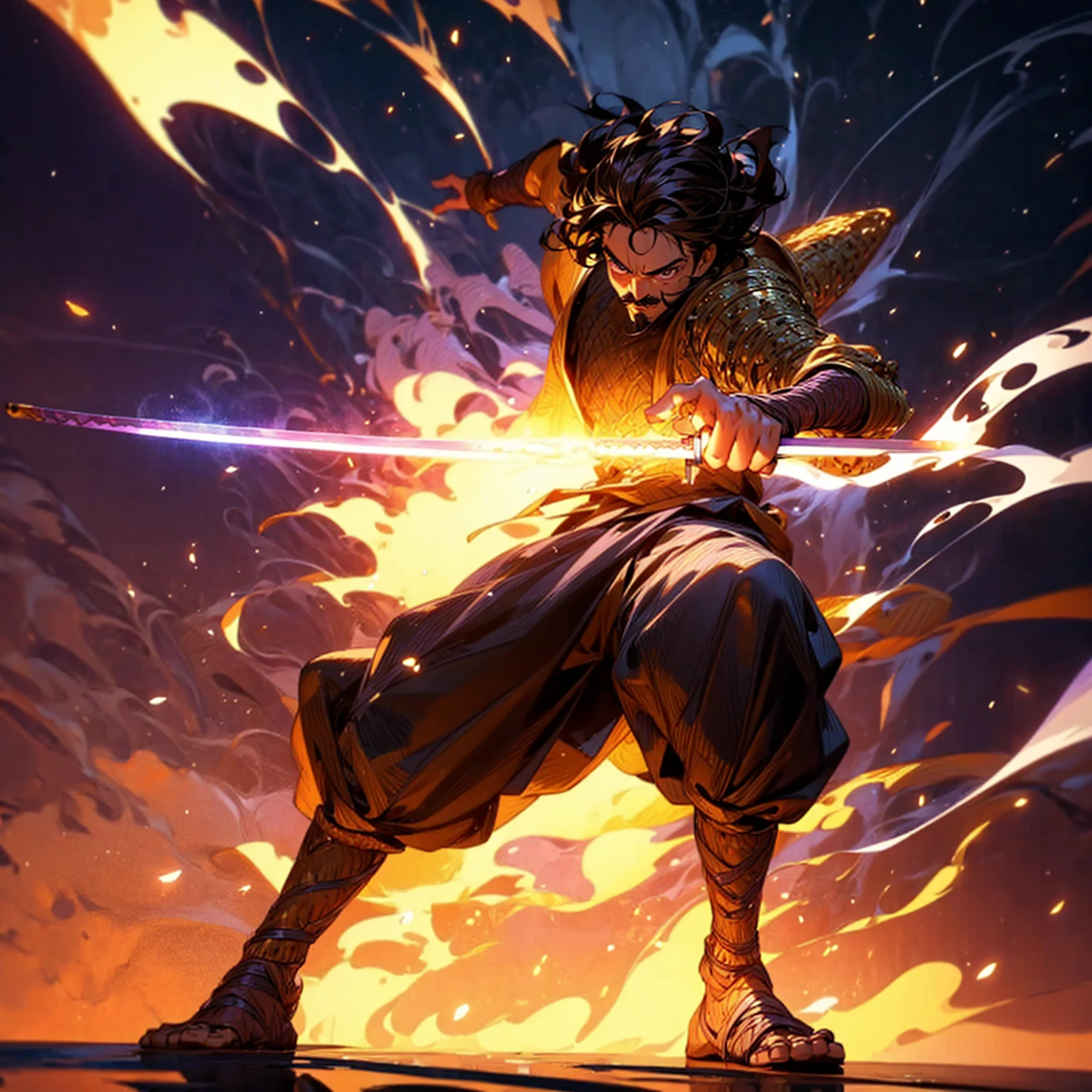 Solo character, full body version, boy, tan skin, Thin moustache, brown color hair, Curly hairstyle, purple eyes, samurai armor, background is plain white, shadow, (standing gesture), sword in hand, (one piece style art), smoke effect, fire effect, lighting gold on sword 