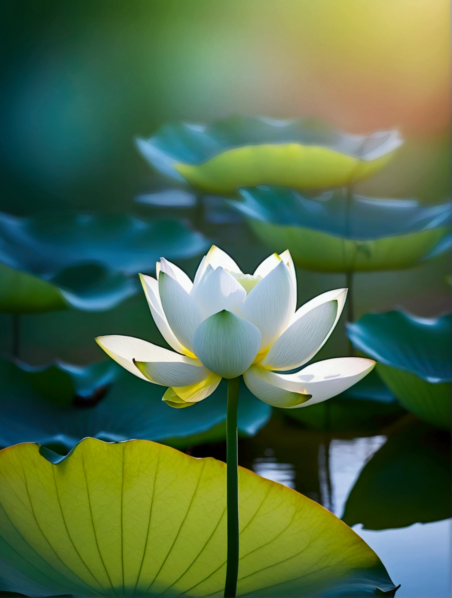 A very beautiful pure white lotus close-up，Background sunset penetration and misty，Background blur，Real photography,Fresh and natural picture，best quality, high resolution
