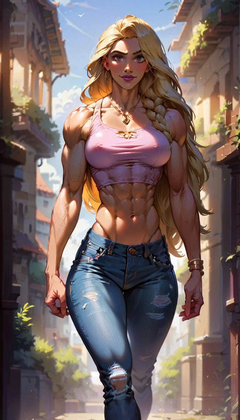 score_9, score_8_up, score_7_up, score_6_up, score_5_up, (high quality, detailed, beautiful), detailed soft lighting, rating_explicit, Disney's Rapunzel (muscular:0.8), long hair, walking around the streets of Arendelle, tight jeans and crop top, ultra detailed eyes, ultra detailed face, absurdres, masterpiece, best quality, high resolution.