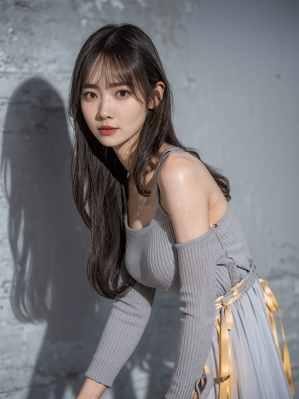 1woman,Javanese Woman, long shirt, Look at viewer, ((Grey Wall Background)),Long Hair, High Quality, Photorealistic, Natural Lighting, Natural Shadow, Glowing Skin, Shot with Sony A7 mark IV, Coboy Shot, Sharp, Clear Subject, knit strap tanktop, big breast