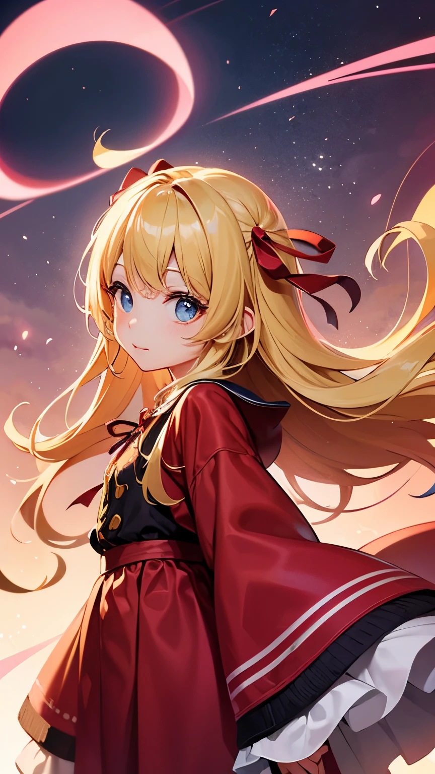 Perfect composition、Perfect composition、Cartoon girl with long hair、Cartoon art style、Cartoon cute girl、Red Cliff Girl、Red Cliff、可爱的Cartoon Style、Lovely art style、Cartoon Style、Cartoon Style illustration、Cartoon Digital Art、Cute digital art、可爱的cartoon女孩、Red Cliff、Red Cliff风格、Kawaii girl、cartoon、Pop Art、Cartoon Style illustration、3equal、big head、Lovely eyes、Sparkling eyes、Bright Eyes、Kawaii face、Innocent face、Smooth hair、A blonde、blond hair、Pink Ribbon、Girl in polka dot skirt, 可爱的Kawaii girl, 可爱的cartoon女孩, Upper part of the body、incline、Pink background、Qibi、There is a small、mini、Red Cliff、Hair is ground、Hair is not tied up、A red ribbon in the hair