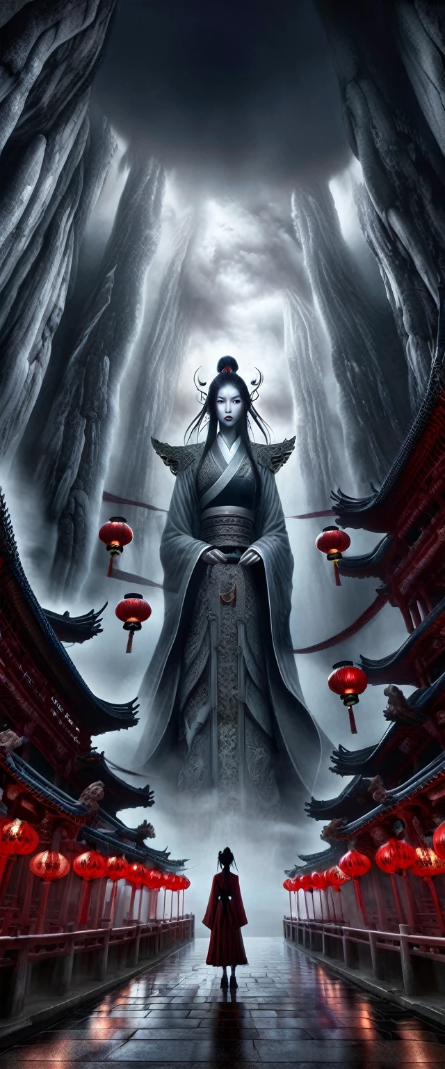 (guiguai),(1girl:1.2),1 girl stands in front of a huge monster,1lady standing,(full body:1.1),(looking at viewer:1.5),detailed face,detailed eyes,dramatic lighting,monster,wing,red lanterns,(chinese-style architecture:1.2),translucent soul,luminous,atmospheric reentry,with vast sky,continuous mountains and steep cliffs,atmospheric atmosphere,depth of field,mist rising,stone pavilions,waterfalls,shuimobysim,bonian,from below,