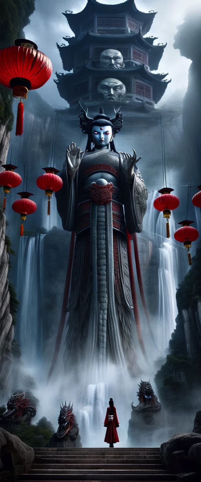 (guiguai),(1girl:1.2),1 girl stands in front of a huge monster,1lady standing,(full body:1.1),(looking at viewer:1.5),detailed face,detailed eyes,dramatic lighting,monster,wing,red lanterns,(chinese-style architecture:1.2),translucent soul,luminous,atmospheric reentry,with vast sky,continuous mountains and steep cliffs,atmospheric atmosphere,depth of field,mist rising,stone pavilions,waterfalls,shuimobysim,bonian,from below,