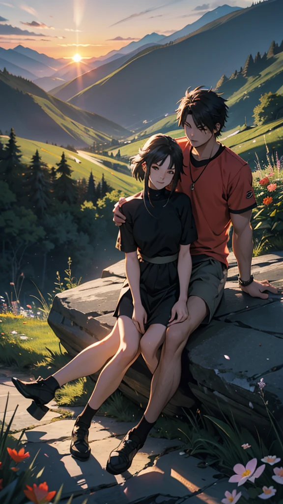 a beautiful home, a boy and girl sitting on the mountain watching the sunset, mountains, flowers, sunset, sunny, couple short clothes, big hips, moody color, anime style, sharpness