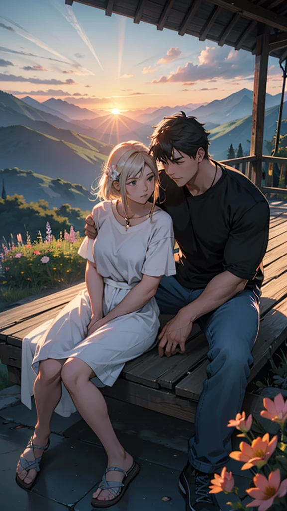 a beautiful home, a boy and girl sitting on the mountain watching the sunset, mountains, flowers, sunset, sunny, couple short clothes, big hips, moody color, anime style, sharpness