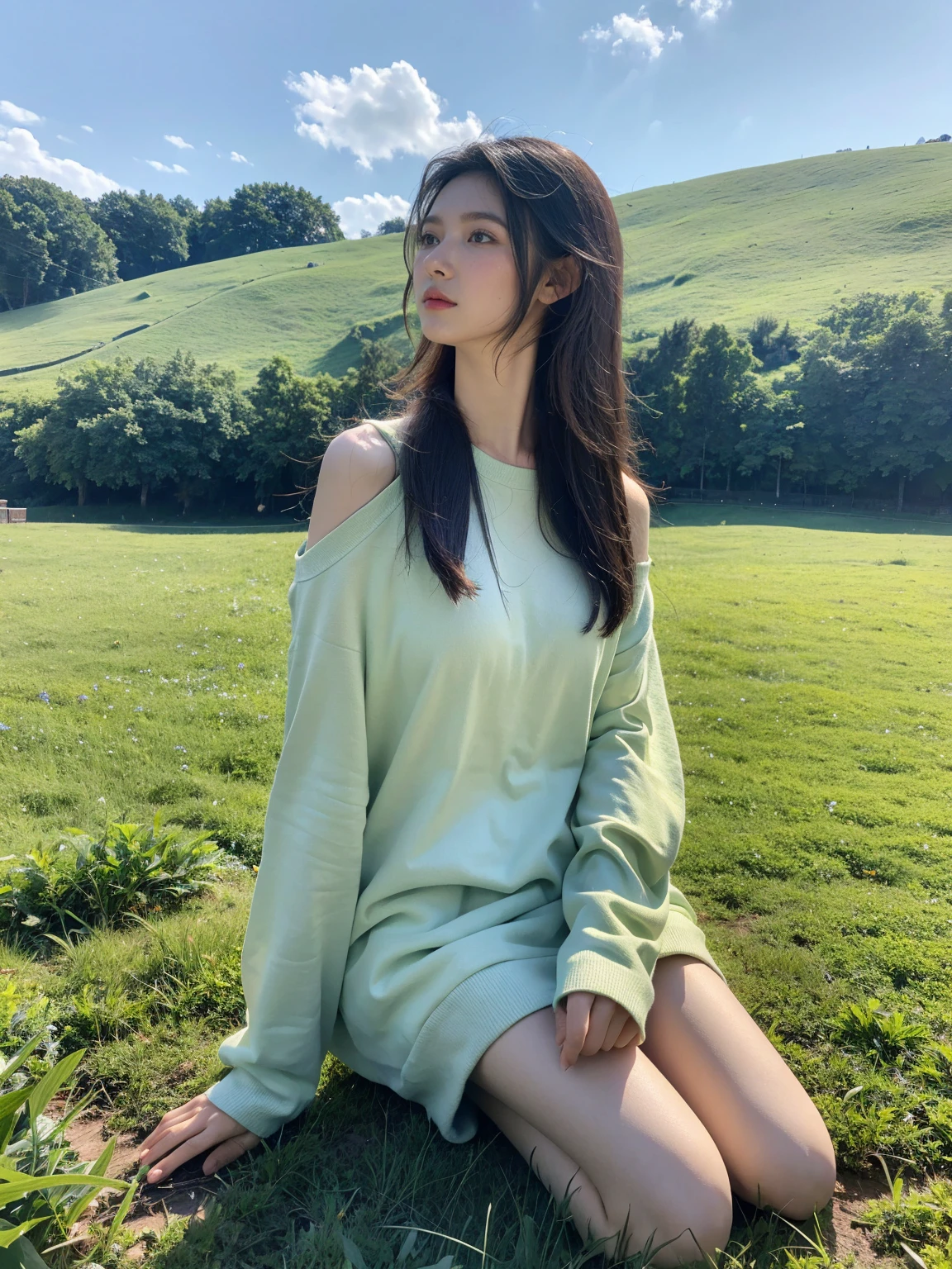 "**A beautiful girl sitting in a green meadow, gazing at the sky.**" 🌿☁️